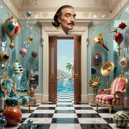 hyperrealistic random objects in a surreal dreamscape environment by salvador dali, highly detailed, 3 d render, vray, octane, realistic lighting, photorealistic, colorful, intricate, elegant, wayne barlowe, water, mirrors, doorway, beautiful, masterpiece, trending on artstation, artgerm, black and white checkered floor