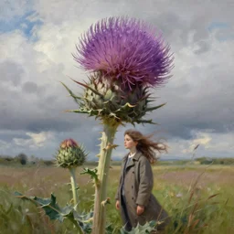 portrait, enormous thistle flower head, a girl wearing coat in field, surreal photography, wind, cloudy sky, dramatic light, impressionist painting, digital painting, artstation, simon stalenhag