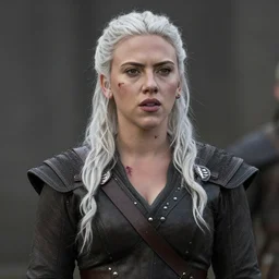 Scarlett Johansson playing Lagertha, with a scar and white hair, in the TV series Vikings