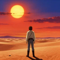 luke skywalker looking to the horizon of tatooine, there are two suns in th sunset sky, vibrant highlights sharp contrast trending pixiv fanbox by alex ross by victo ngai james gurney makoto shinkai takashi takeuchi studio ghibli