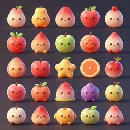 game asset sheet, collectable candy fruits and other chibi style pop culture items material study rounded soft edges