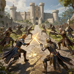 fantasy detailed characters fight on medieval road near castle, action scene, 8 k, lumen reflections, sharpened, insanely detailed and intricate, hypermaximalist, elegant, ornate, hyper realistic, super detailed, digital art