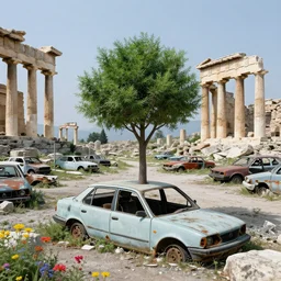 a tree growing on a scrap car in ancient greek ruins, gray wasteland, many scrap cars, overgrown, pillars and arches, colorful flowers, vines, hyperrealistic, highly detailed, cinematic, ray of golden sunlight, beautiful, cgsociety, artstation, 8 k, oil painting by greg rutkowski, by artgerm, by wlop