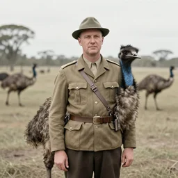Touched-up historical photo of Commander Squawks of the Emu Batallion. Photo taken during the great emu war (1932)