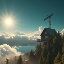 photo hyper realistic concept art house solarpunk in the funny big lake, satellite in the funny big lake the sky sun shining over beautiful clouds at the summit lush forests graffiti style futuriste brutalism, gold and black turquoise ratio, octane render excellent composition