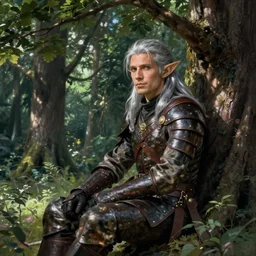 elven ranger sitting in the shade of a tree in a lush forest, fantasy, silver hair, leather armor, film still, finely detailed features, baroque, digital painting, studio ghibli, tankobon, painted by ilya kuvshinov and krenz cushart and william - adolphe bouguereau and alphonse mucha