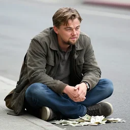a homeless leonardo dicaprio begging for money on the side of the road in a busy city, black and white illustration, by james jean and wayne barlowe and moebius