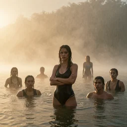 people in water, Artstation, Confident, fog, rain, volumetric lighting, beautiful, golden hour, sharp focus, ultra detailed, cgsociety by Leesha Hannigan, Ross Tran, Thierry Doizon, Kai Carpenter, Ignacio Fernández Ríos, noir art house, 4k, 35mm, fujifilm