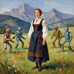 4K, ultra detailed painting of a woman dressed in Polish folk dress standing in the field, mountains in the background, Robots playing with humans, Jean Moebius Rutkowski, artstation, Jean Moebius