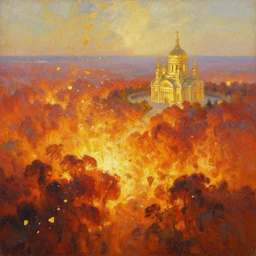 breathtaking oil painting of a fiery landscape aerial view, palette knife, at dawn with strokes of light and golden petals flying, art nouveau golden cathedral in the distance, rembrandt style, concept art, matte, sharp focus, by georgia hart and leonid afremov,