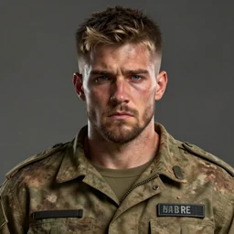 portrait of big muscular, tired and fucked up 3 3 - year - old handsome man with short darkblonde hair, sad eyes and beard, blue eyes, wearing dirty soldier uniform, hyper realistic face, beautiful eyes, character art, art by mark brooks, hyperdetailed, cryengine, trending on artstation, digital art