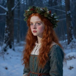a well - lit, realistic portrait painting of a thoughtful girl resembling a young, shy, redheaded alicia vikander or millie bobby brown wearing a christmas wreath in her hair and peasant dress in a deep snow - covered forest at dusk, highly detailed, intricate, concept art, artstation, by donato giancola, ron cobb, and william bouguereau
