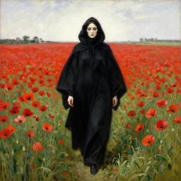 a female death in black robes walking towards me in a field of red poppies by george frederick watts, oil on canvas, 1 8 9 3
