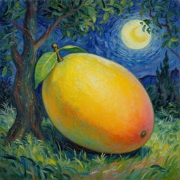 night under mango forest, moon in shape of mango fruit, detailed masterpiece painting by van gogh