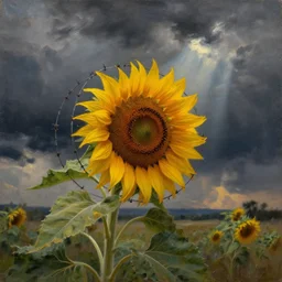 A sunflower wrapped in barbed wires, dark smoke, dark clouds in the distance, ray of light. Oil painting by Albert Bierstadt