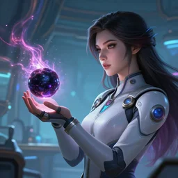 league of legends concept art beautiful young female scientist in hitech suit holding small black hole in her hands, long hair, futuristic laboratory in background, black hole with plasma jets, art by charles liu, close - up profile shot, fantasy style, soft lighting, vibrant color scheme, female portrait, ultra detailed, volumetric lighting, octane render, commission art, 8 k wallpaper