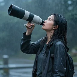 woman standing in the rain looking up, long lens, anamorphic, digital art, artstation