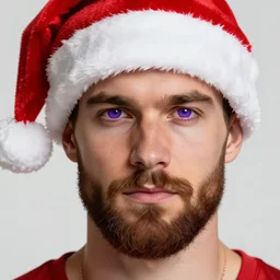 strong attractive man face symettry brown beard with christmas hat masculine traits brown hair purple eyes clean skin ultra realistic highly detailed highly realistic 8 k photo realistic