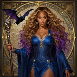 beyonce as a wizard, purple streaks in hair, bat hovering on her shoulder, blue clothing, holding a staff, deep focus, d & d, fantasy, intricate, elegant, highly detailed, digital painting, artstation, concept art, matte, sharp, illustration, hearthstone, art by artgerm and greg rutkowski and alphonse mucha