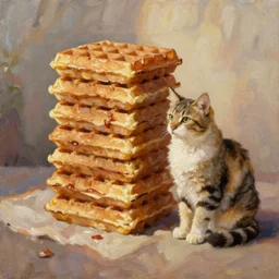 “oil painting of a cat sitting next to a huge stack of waffles on a soft warm morning”