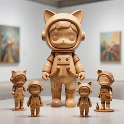 8 k octan advertising detailed photo, beautiful a totally wooden sculpture collection art toys on feet very cute maya astronaut zen with cat ears in wooden, cyberpunk a contemporary art gallery sharp focus, masterpiece nofinito