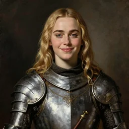 emilia clarke, looking seductively, blonde hair, wearing medieval armour, smirk, portrait, oil painting by titian, hard focus