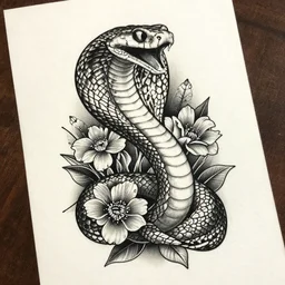 detailed amazing tattoo stencil of a floral cobra attacking