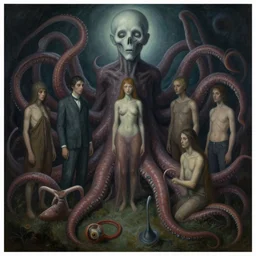 a painting of a group of people surrounded by tentacles, a surrealist painting by clark voorhees, cg society, pop surrealism, lovecraftian, cosmic horror, surrealist