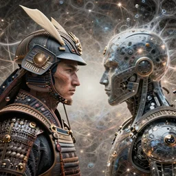 a portrait of gemini samurai vs human technology character portrait made of fractals facing each other, ultra realistic, wide angle, intricate details, the fifth element artifacts, highly detailed by peter mohrbacher, hajime sorayama, wayne barlowe, boris vallejo, aaron horkey, gaston bussiere, craig mullins