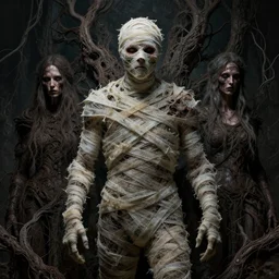 very complex hyper-maximalist overdetailed cinematic darkfantasy portrait of a rotting bog mummy by andrei riabovitchev, tomasz alen kopera, oleksandra shchaslyva. Omnious intricate, octane, Deviantart, hyper detailed illustration, 8k