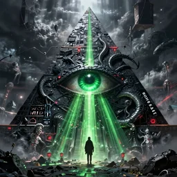 a huge chaos dark eldritch pyramid with a giant eye with green ray traced light and corruption by WLOP and tony sart and bekinski, god rays, fantasy art, 4k, HDR, photorealistic, 8k, trending on artstation