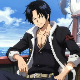 style of madhouse anime, revy from black lagoon, on a boat, smirk on face