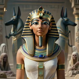 photorealitic portrait digital art of isis, egyptian goddess with god anubis in backgroud of death, sadows and souls. spiritual and awakening regards, 8 k, detailed, octane render - n 9