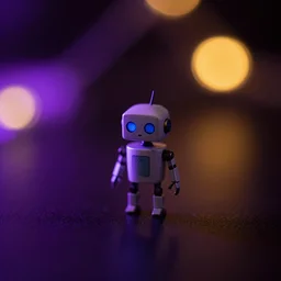 tiny robot in the dark, hrd, hyperrealistic, hyper detailed, tiny, lights, bokeh, yellow, purple, blue,