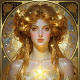 epic portrait an star goddess, glowing , beautiful, glossy skin, intricate, full frontal shot, highly detailed, digital painting, artstation, concept art, sharp focus, illustration, art by artgerm and greg rutkowski and alphonse mucha