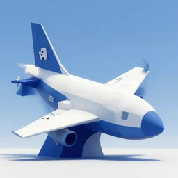 photo of minimalist abstract cubist sculpture of curvy spaceship with random small mecha mayan decorations, covered with few large white airplane parts, gigantic size, blue and white