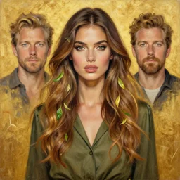 epic painting drawing, full figure portrait of beautiful supermodel wearing olive blouse, long wavy hair with gree and golden tea leaves, photography by amy leibowitz, wlop, jeremy lipkin, beeple, intricate, symmetrical front portrait, artgerm, golden glowing background