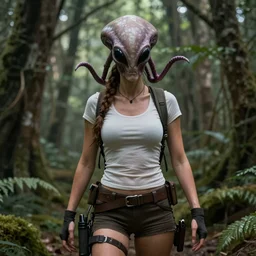 lara Croft trapped, alien facehugger on her face, wide shot, realistic, forest, 8k resolution, hyperdetailed, highly detailed, real life, studio lighting, high quality, photo