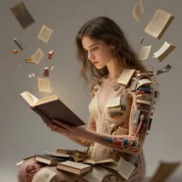 epic professional digital art of a girl reading a book, dressed, books coming up from inside her body, inside her arms, by leesha hannigan, iris van herpen, artstation, cgsociety, wlop, epic, much wow, much detail, gorgeous, detailed, masterpiece