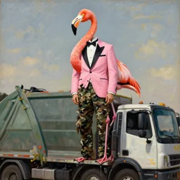 shredded physique feathered tall neck beak Portrait of Samuel Beckett camouflaged as Flamingo whilst wearing a pink tuxedo Standing atop a Garbage Truck Greg Rutkowski Eric Ravilious Paul Cezanne Andrew Wyeth Jamie Wyeth