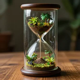 a tropical landscape inside a glass jar hourglass, standing on a wooden table, intricate details, highly detailed, volumentric lighting, artstation, cgsociety, close detail, kodak 5 0 mm, macro shot photo, artgerm, wlop