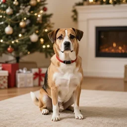 a dog on a carpet sitting in a room at christmas time