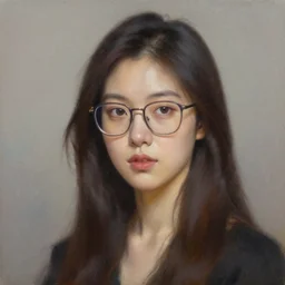 studio portrait of a beautiful woman with glasses, oil painting