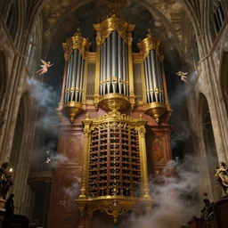 giant rube goldberg pipe organ in an underground cathedral, smoke, fairies, volumetric lighting, detailed baroque oil painting, extremely hyper - detailed, intricate, epic composition, cinematic lighting, masterpiece, trending on artstation, detailed detailed detailed, masterpiece, stunning art by anders zorn, wonderful masterpiece by greg rutkowski, beautiful cinematic light, american romanticism by greg manchess, jessica rossier