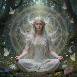 elven princess meditating in forest, magical flowers, surrounded by fairies, beautiful face, wisps, surreal, surrealist art, digital art, trending on artstation, ultra detailed, intricate, sacred geometry, serene, beautiful, photo, realistic, perfect, smooth, moebius, by moebius, peter mohrbacher