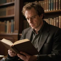 cinematic close up of Jordan Peterson reading a book in an old library by Greg Rutkowski, 4k, masterpiece