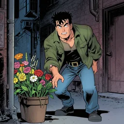 Spawn (Al Simmons) selling flowers in an alley at night, by Todd MacFarlane