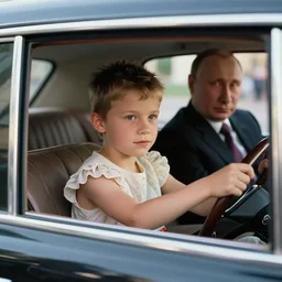 highly detailed photograph of kid rock wearing a dress while driving in a limo with putin, movie still, 8 k,