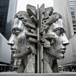 by bruce davidson, andrew boog, mystical photography evocative. an intricate fractal concrete and chrome brutalist carved sculpture of the secret faces of god, standing in a city center.