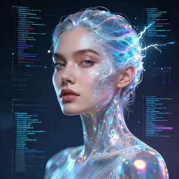 portrait of a woman inspired by data - driven art, generative, iridescent, self - confidence, electrons, coding, holographic, lightening